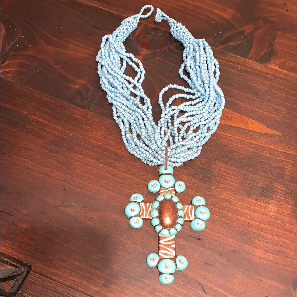 Elegant Blue Beaded Necklace with Cross Pendant